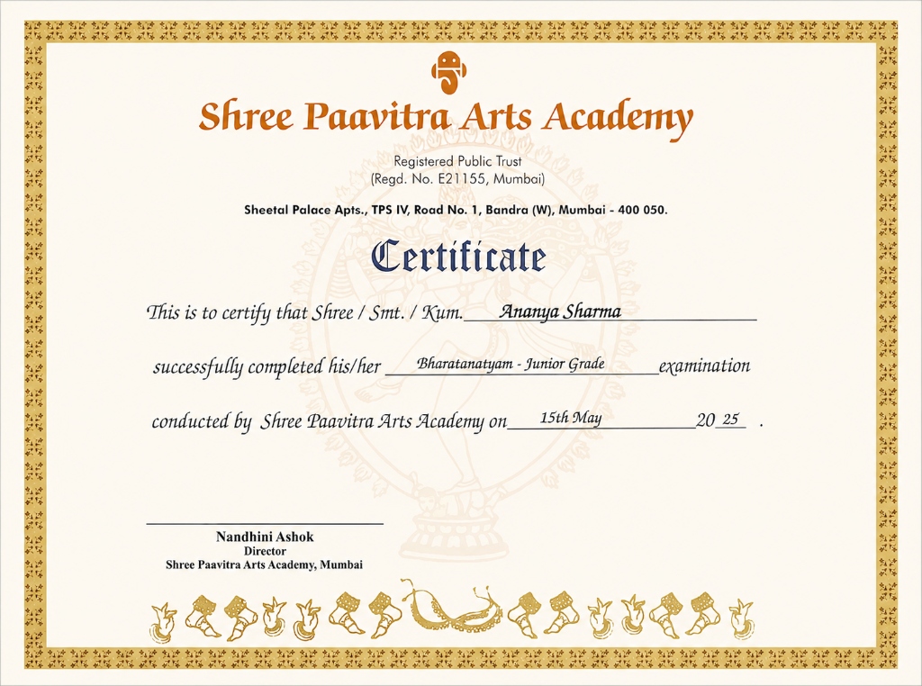 Shree Paavitra Arts Academy Certificate awarded to Ananya Sharma